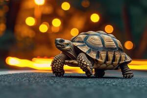 ai généré une tortue cette vite court dans brouiller Contexte .génératif ai photo