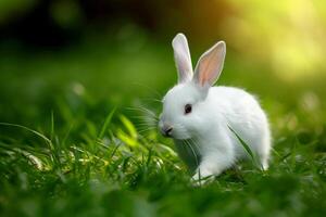 ai généré une lapin fonctionnement dans une champ de vert herbe. génératif ai photo