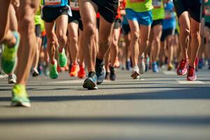 ai généré proche en haut de une groupe de Hommes coureurs jambes dans une route course. génératif ai photo