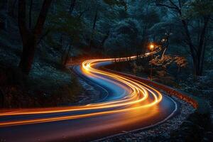 ai généré coloré lumière les sentiers voiture avec mouvement effet. illustration de haute la vitesse lumière effet sur forêt Contexte. génératif ai. photo