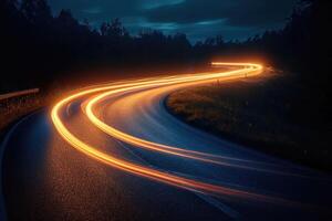 ai généré coloré lumière les sentiers voiture avec mouvement effet. illustration de haute la vitesse lumière effet sur forêt Contexte. génératif ai. photo