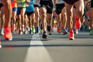 ai généré proche en haut de une groupe de Hommes coureurs jambes dans une route course. génératif ai photo