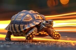 ai généré une tortue cette vite court dans brouiller Contexte .génératif ai photo