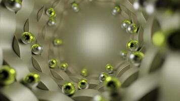 abstrait 3d Contexte avec métal des balles ou sphères roulant autour. conception. mouvement le long de le tunnel de vert perles. photo