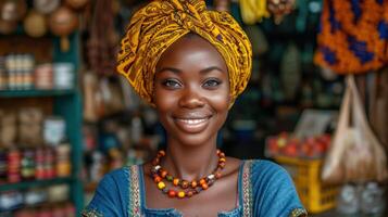 ai généré portrait de souriant africain femme dans traditionnel vêtements à marché. photo