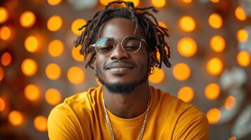 ai généré portrait de Beau africain américain homme avec dreadlocks dans Jaune T-shirt. photo