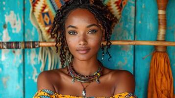 ai généré portrait de une magnifique Jeune africain femme avec afro coiffure photo