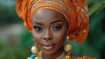 ai généré fermer portrait de une magnifique africain femme dans Orange foulard photo