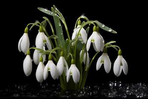 ai généré bouquet de perce-neige avec l'eau gouttes sur une noir Contexte photo