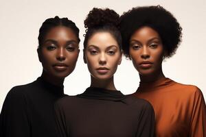 ai généré portrait de Trois Jeune africain américain femmes. noir histoire mois concept. photo
