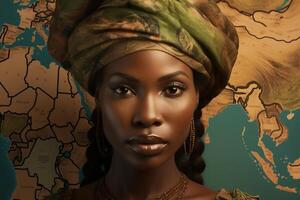 ai généré portrait de un africain américain femme avec une carte de Afrique dans le Contexte photo