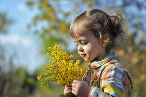 ai généré mignonne peu fille dans Jaune manteau avec bouquet de Jaune fleurs photo