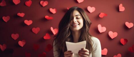 ai généré excité positif fille souriant et à la recherche à chute cœur papier dans Valentin journée sur rouge Contexte photo