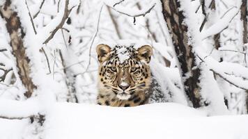 ai généré amour léopard, panthera pardus orientalis, dans le neige. photo