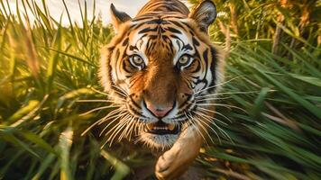 ai généré proche en haut de une Bengale tigre dans le jungle. photo