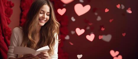 ai généré excité positif fille souriant et à la recherche à chute cœur papier dans Valentin journée sur rouge Contexte photo