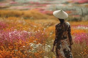 ai généré magnifique asiatique femme porter longue robe en marchant dans fleurs jardin. photo