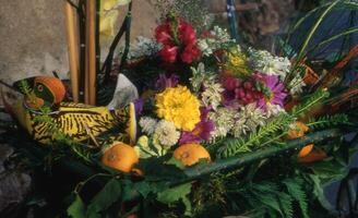 une fleur arrangement avec des oranges et fleurs photo