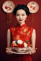 ai généré culinaire élégance femme détient une assiette de chinois Nouveau année délices photo