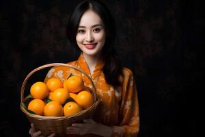 ai généré la fortune prime femme détient une panier de prospère mandarin des oranges photo