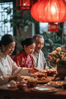 ai généré culinaire obligations multigénérationnel famille à Nouveau années dîner table photo