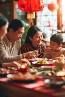 ai généré culinaire obligations multigénérationnel famille à Nouveau années dîner table photo