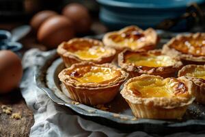 ai généré floconneux la perfection plateau de irrésistible chinois Oeuf tartes photo