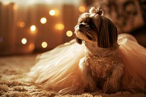 ai généré shih tzu glam élégance déchaîné dans une fête robe photo