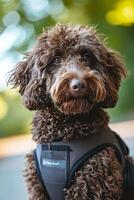 ai généré été cool labradoodle confort dans élégant refroidissement gilet photo