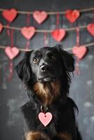 ai généré velu valentines chiens célébrer l'amour avec cœurs photo