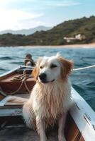 ai généré Soleil le sable et queues bienheureux animaux domestiques sur le plage photo