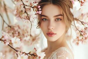 ai généré printemps renouvellement embrasse beauté dans notre saisonnier vente avec cette charmant femme photo