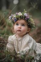 ai généré enchanté fête bébé les filles sur le thème de la forêt anniversaire délice photo