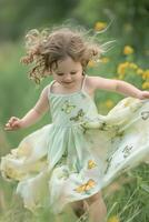 ai généré pastel délice le tout-petit espiègle tenue avec vert et Jaune papillon motif photo