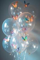 ai généré papillon ballet transparent des ballons avec gracieux suspendu papillons photo