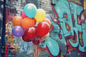 ai généré Urbain vibe des ballons dans une bouquet éclater contre une vibrant graffiti mur photo