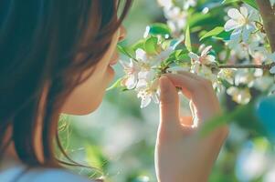 ai généré embrasse le fleurit femme Naturel beauté dans printemps bannière de soins auto-administrés photo