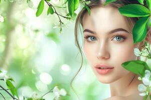 ai généré enchanteur légumes verts femme beauté ressorts à la vie dans printemps bannière photo