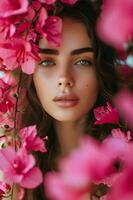 ai généré épanouissement élégance printemps beauté bannière avec femme au milieu de bougainvilliers photo