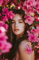 ai généré épanouissement élégance printemps beauté bannière avec femme au milieu de bougainvilliers photo