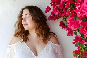 ai généré épanouissement élégance printemps beauté bannière avec femme au milieu de bougainvilliers photo