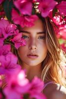 ai généré épanouissement élégance printemps beauté bannière avec femme au milieu de bougainvilliers photo