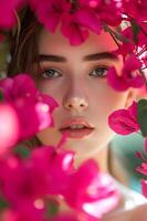 ai généré épanouissement élégance printemps beauté bannière avec femme au milieu de bougainvilliers photo