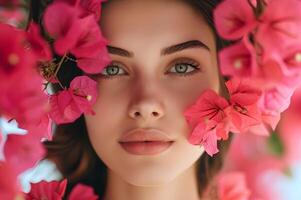 ai généré épanouissement élégance printemps beauté bannière avec femme au milieu de bougainvilliers photo