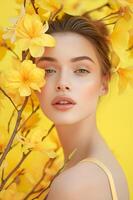 ai généré ensoleillé élégance vibrant Jaune beauté bannière avec femme dans printemps fleurs photo