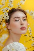 ai généré ensoleillé élégance vibrant Jaune beauté bannière avec femme dans printemps fleurs photo