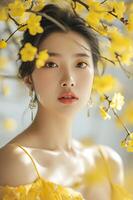 ai généré ensoleillé élégance vibrant Jaune beauté bannière avec femme dans printemps fleurs photo