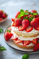 ai généré sucré printemps indulgence près coup de une succulent fraise shortcake photo