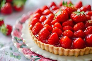 ai généré printemps splendeur luisant fraise Tarte avec une brillant glaçage photo