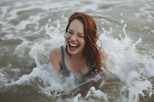 ai généré côtier félicité femme florissant par le bord de mer dans une vivre et la nature bannière photo